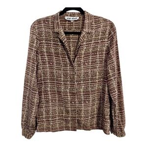 Vintage Alan Abell 1970s Blouse Sz 12 Brown Abstract Geometric Artsy Boho Print